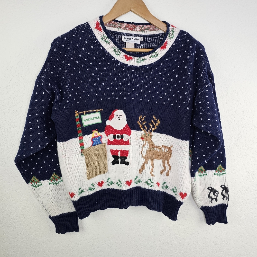 Bonnie Noble Vintage North Pole Santa Knit Pullover Sweater Small